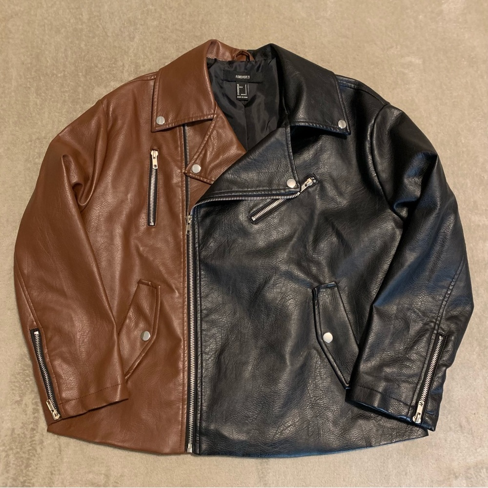 Forever 21 Faux Leather Black Brown Moto Biker Jacket